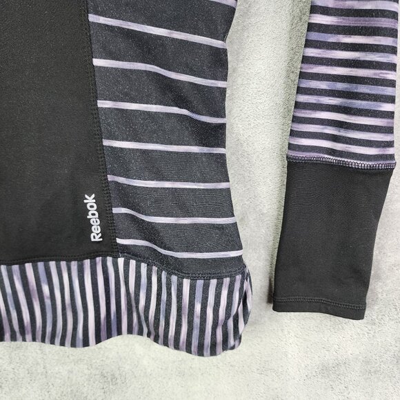 Womens Reebok Athletic Hooded Shirt Black & Purple Striped Long Sleeve Size XS - Picture 3 of 9